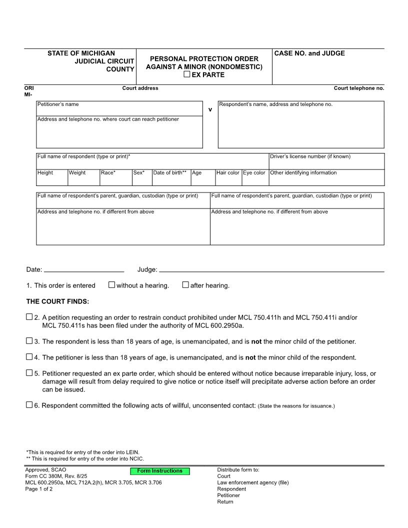 Personal Protection Order Against Stalking By Minor (Non Domestic Relationship) {CC 380m} | Pdf Fpdf Doc Docx | Michigan