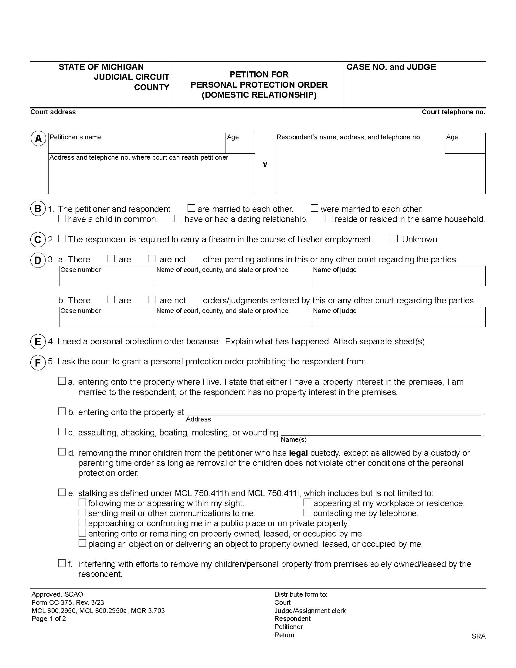 Petition For Personal Protection Order (Domestic Relationship) {CC 375} | Pdf Fpdf Docx | Michigan