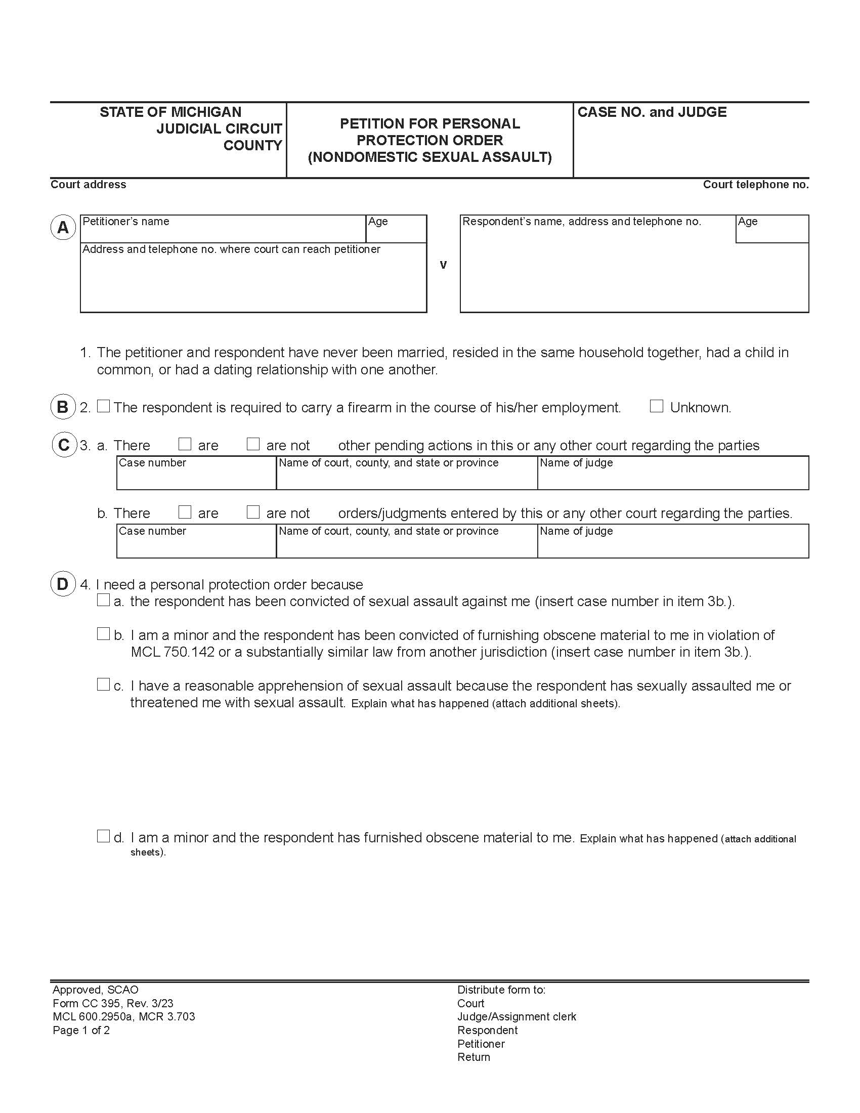 Petition For Personal Protection Order (Nondomestic Sexual Assault) {CC 395} | Pdf Fpdf Docx | Michigan