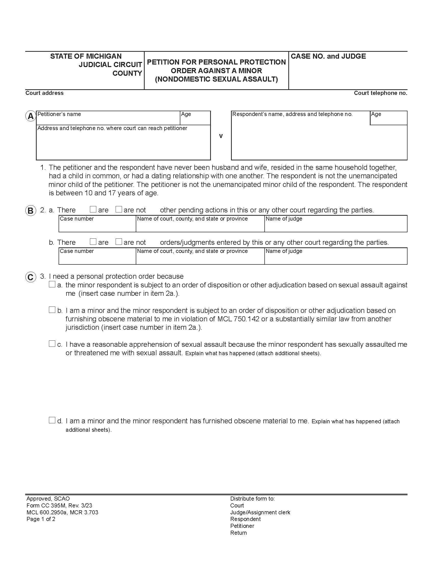 Petition For Personal Protection Order Against A Minor (Nondomestic Sexual Assault) {CC 395M} | Pdf Fpdf Docx | Michigan
