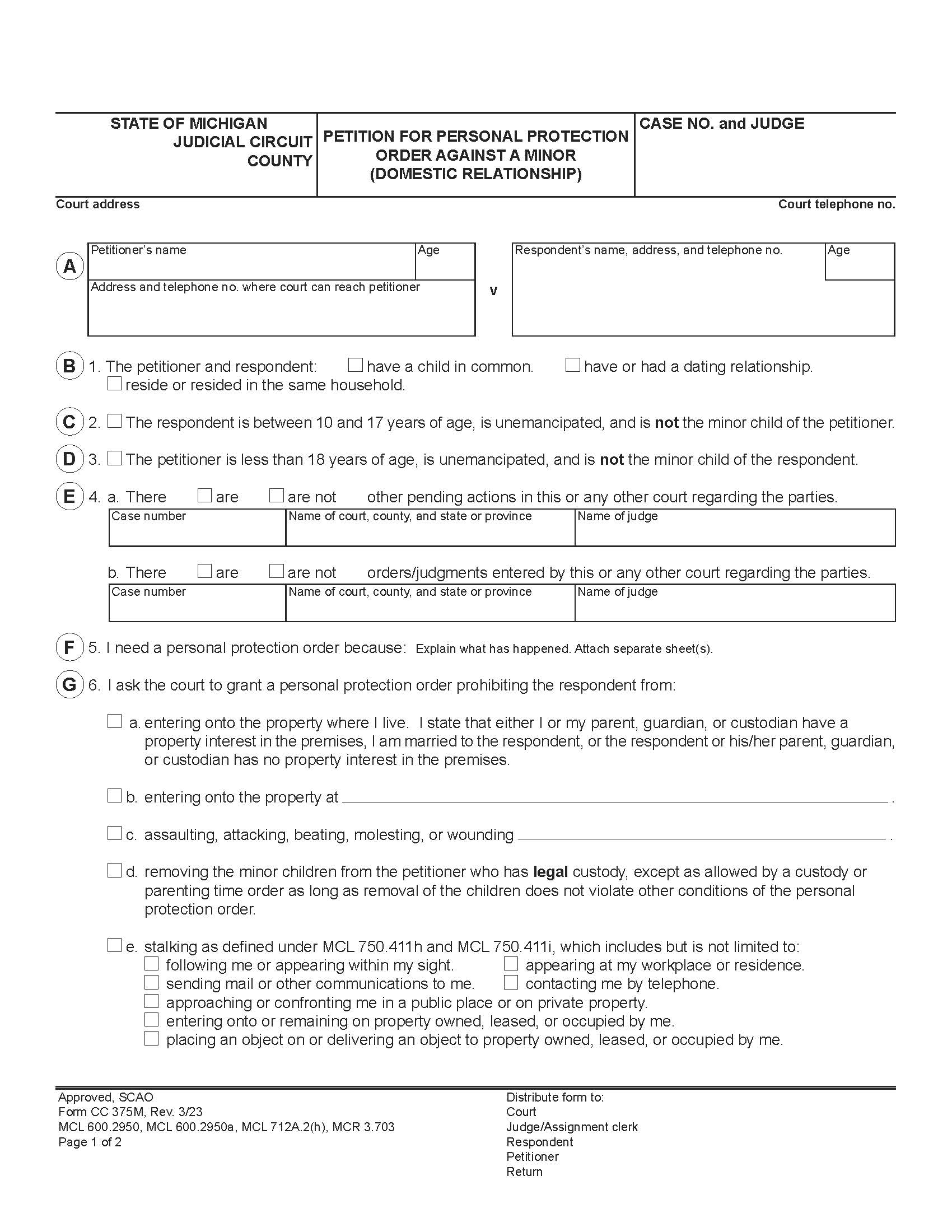 Petition For Personal Protection Order Against Minor (Domestic Relationship) {CC 375m} | Pdf Fpdf Docx | Michigan