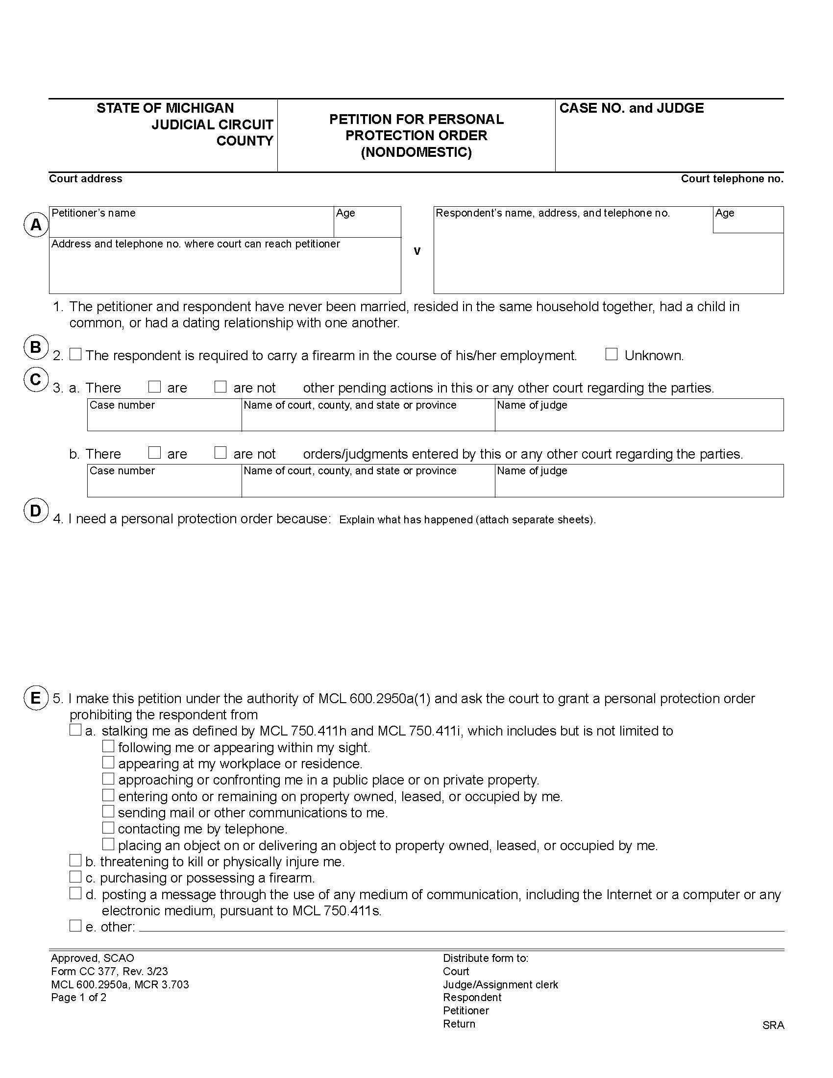 Petition For Personal Protection Order Against Stalking (Non Domestic) {CC 377} | Pdf Fpdf Docx | Michigan
