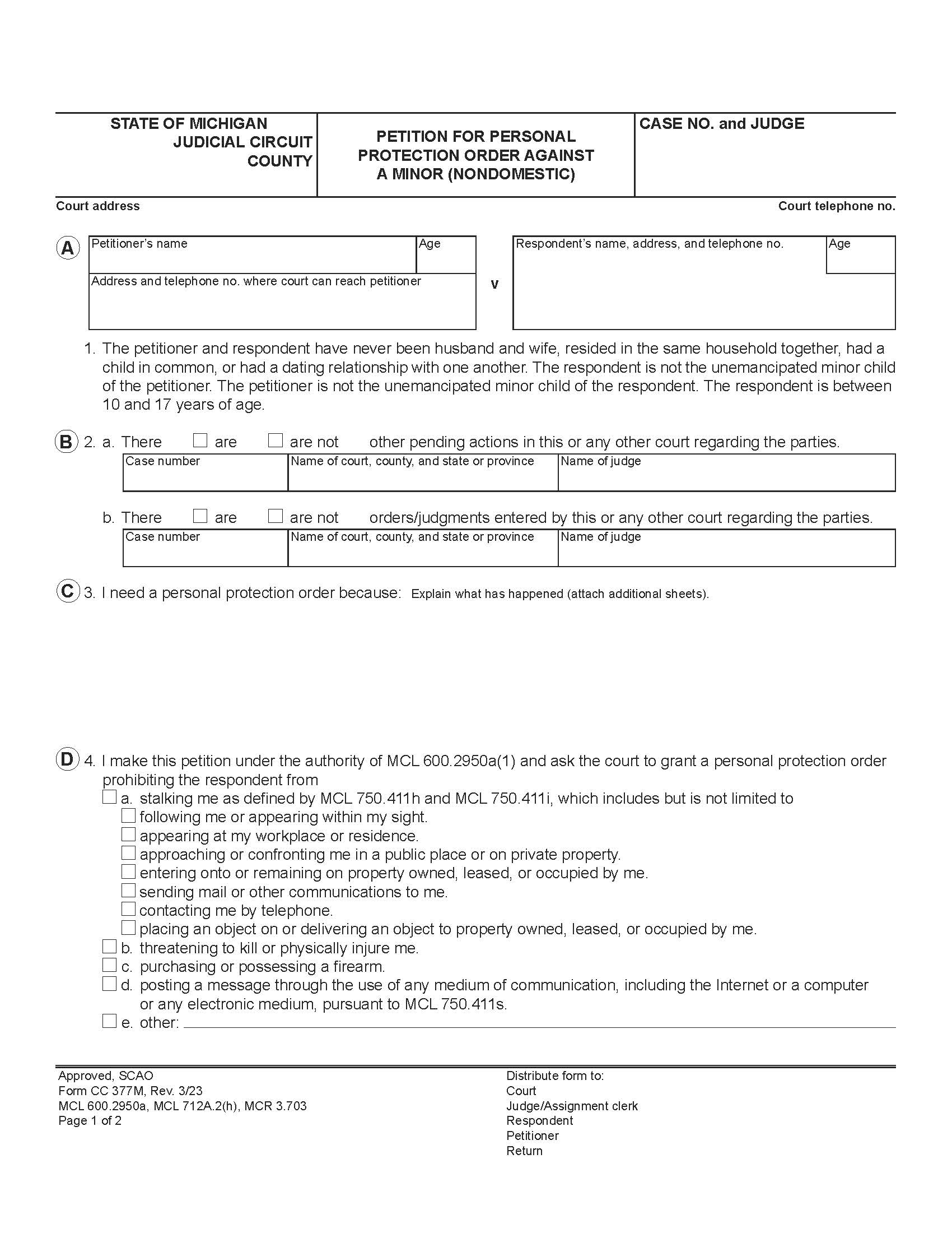 Petition For Personal Protection Order Against Stalking By Minor (Non Domestic Relationship) {CC 377m} | Pdf Fpdf Docx | Michigan