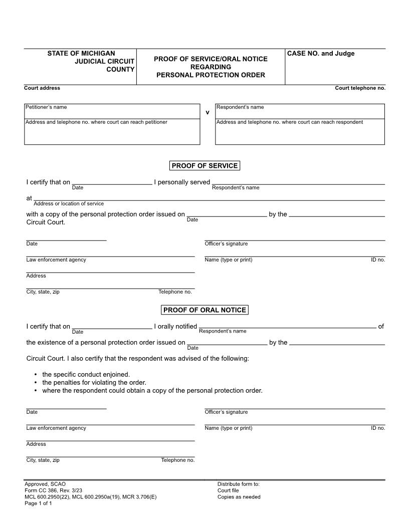 Proof Of Service Oral Notice Regarding Personal Protection Order {CC 386} | Pdf Fpdf Doc Docx | Michigan