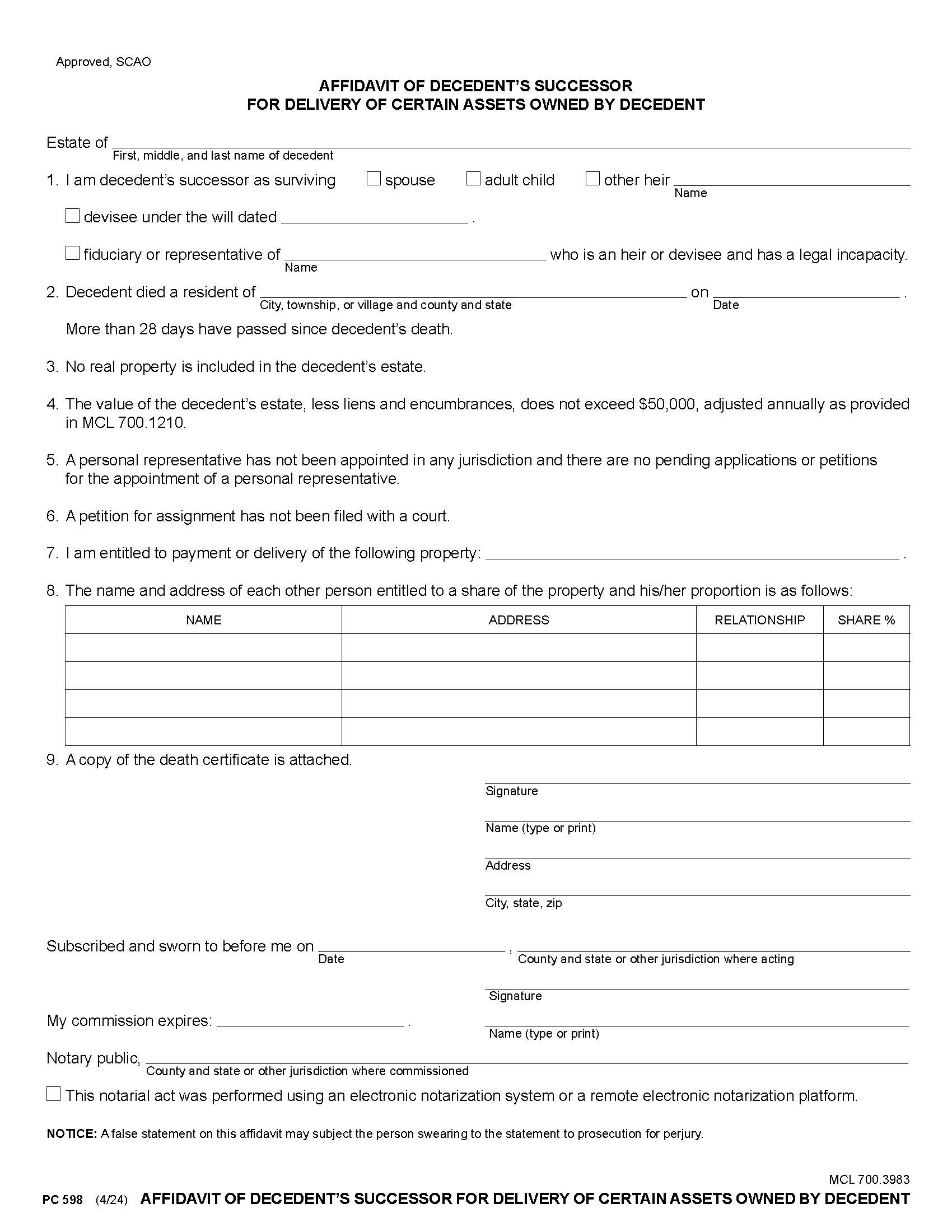 Affidavit Of Decedents Successor For Delivery Of Certain Assets Owned By Decedent {PC 598} | Pdf Fpdf Doc Docx | Michigan