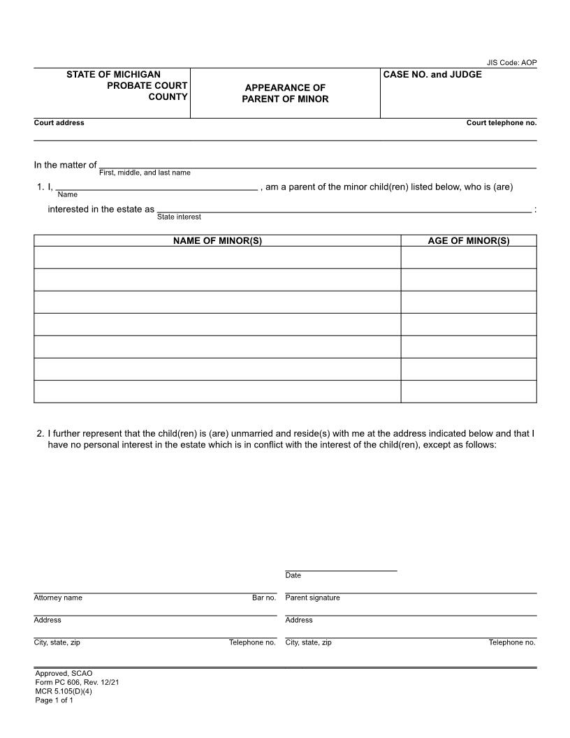 Appearance Of Parent Of Minor {PC 606} | Pdf Fpdf Doc Docx | Michigan