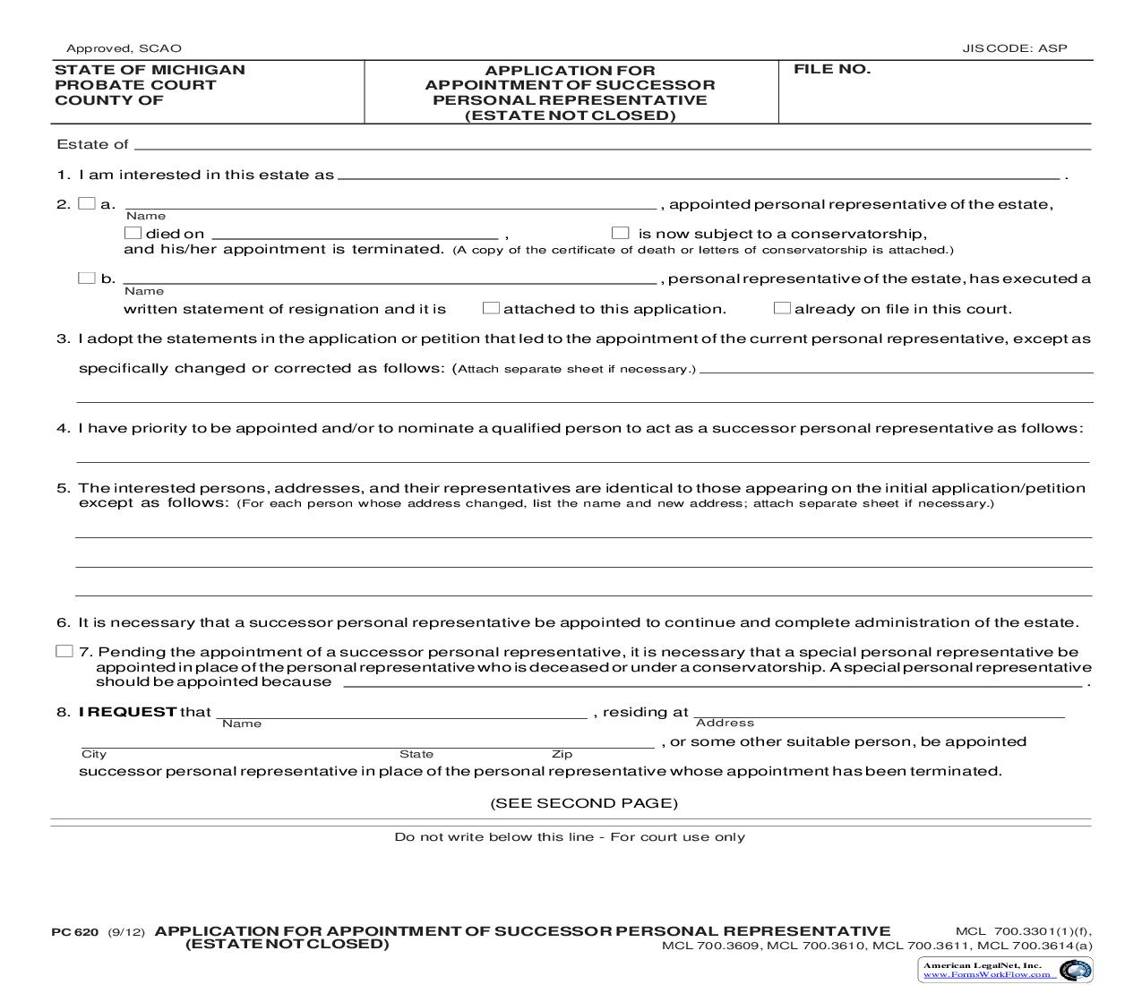 Application For Appointment Of Successor Personal Representative (Estate Not Closed) {PC 620} | Pdf Fpdf Doc Docx | Michigan