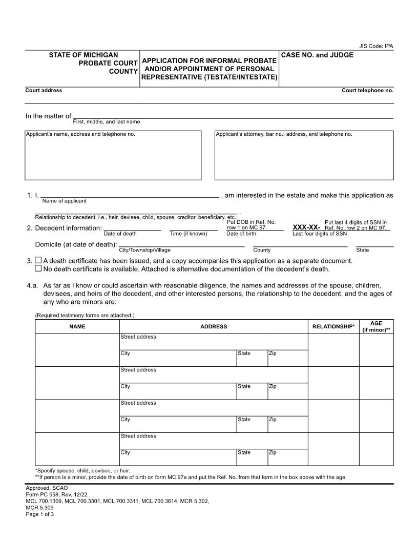 Application For Informal Probate And Or Appointment Of Personal Representative {PC 558} | Pdf Fpdf Doc Docx | Michigan