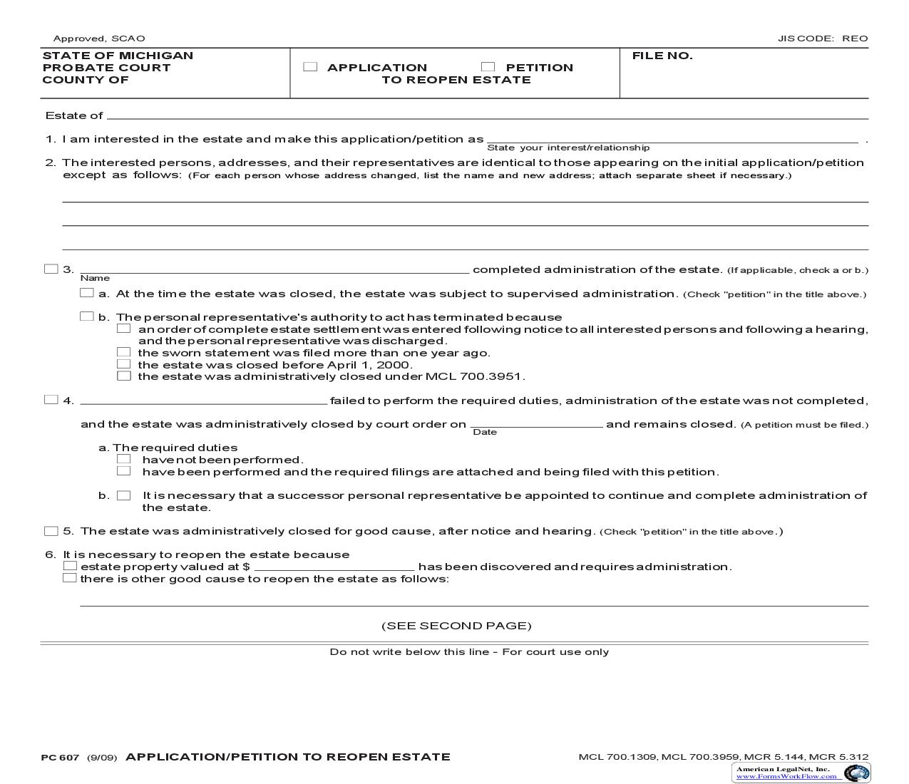 Application Or Petition To Reopen Estate {PC 607} | Pdf Fpdf Doc Docx | Michigan
