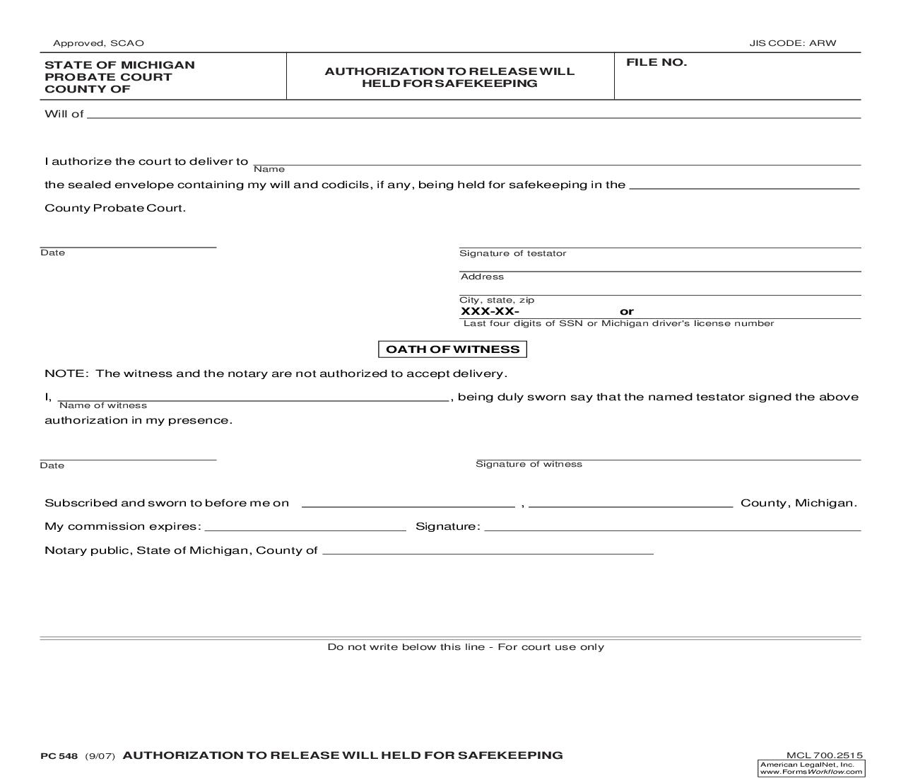 Authorization To Release Will Held For Safekeeping {PC 548} | Pdf Fpdf Doc Docx | Michigan