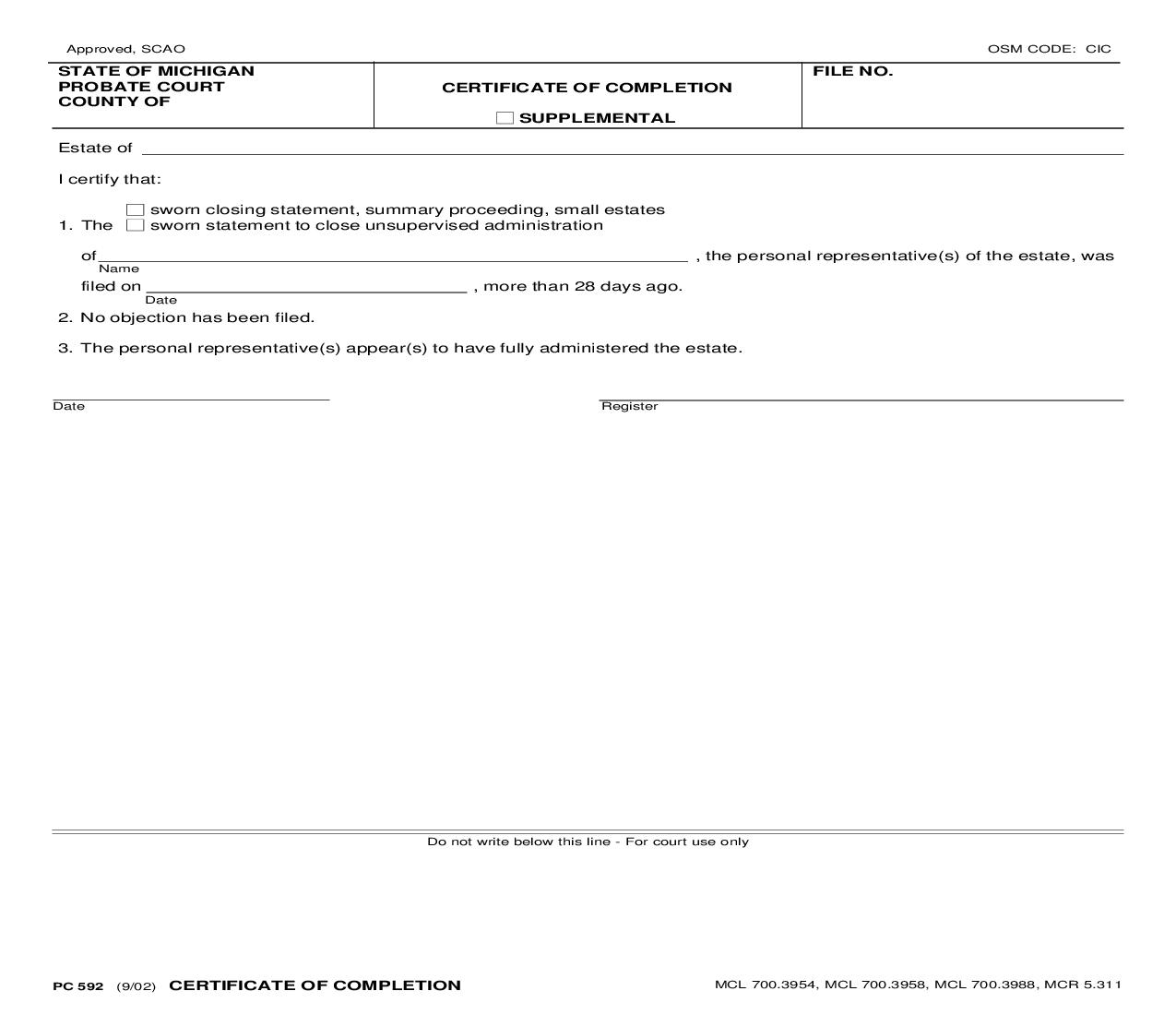 Certificate Of Completion {PC 592} | Pdf Fpdf Doc Docx | Michigan