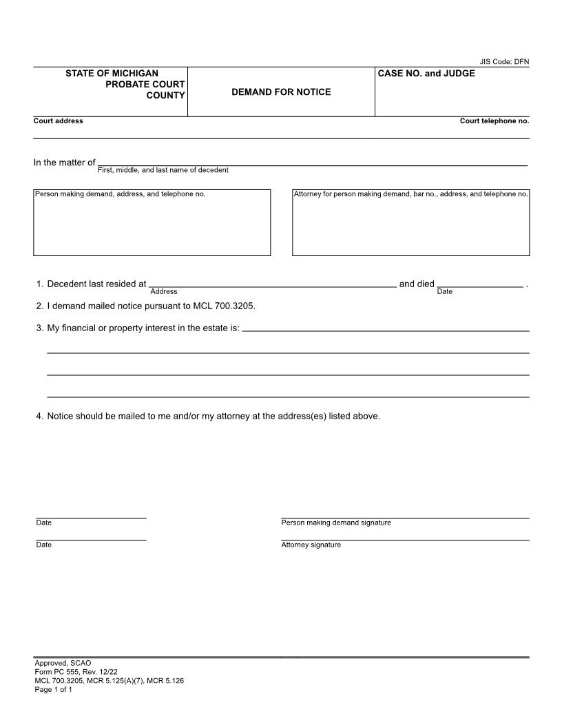 Demand For Notice {PC 555} | Pdf Fpdf Doc Docx | Michigan