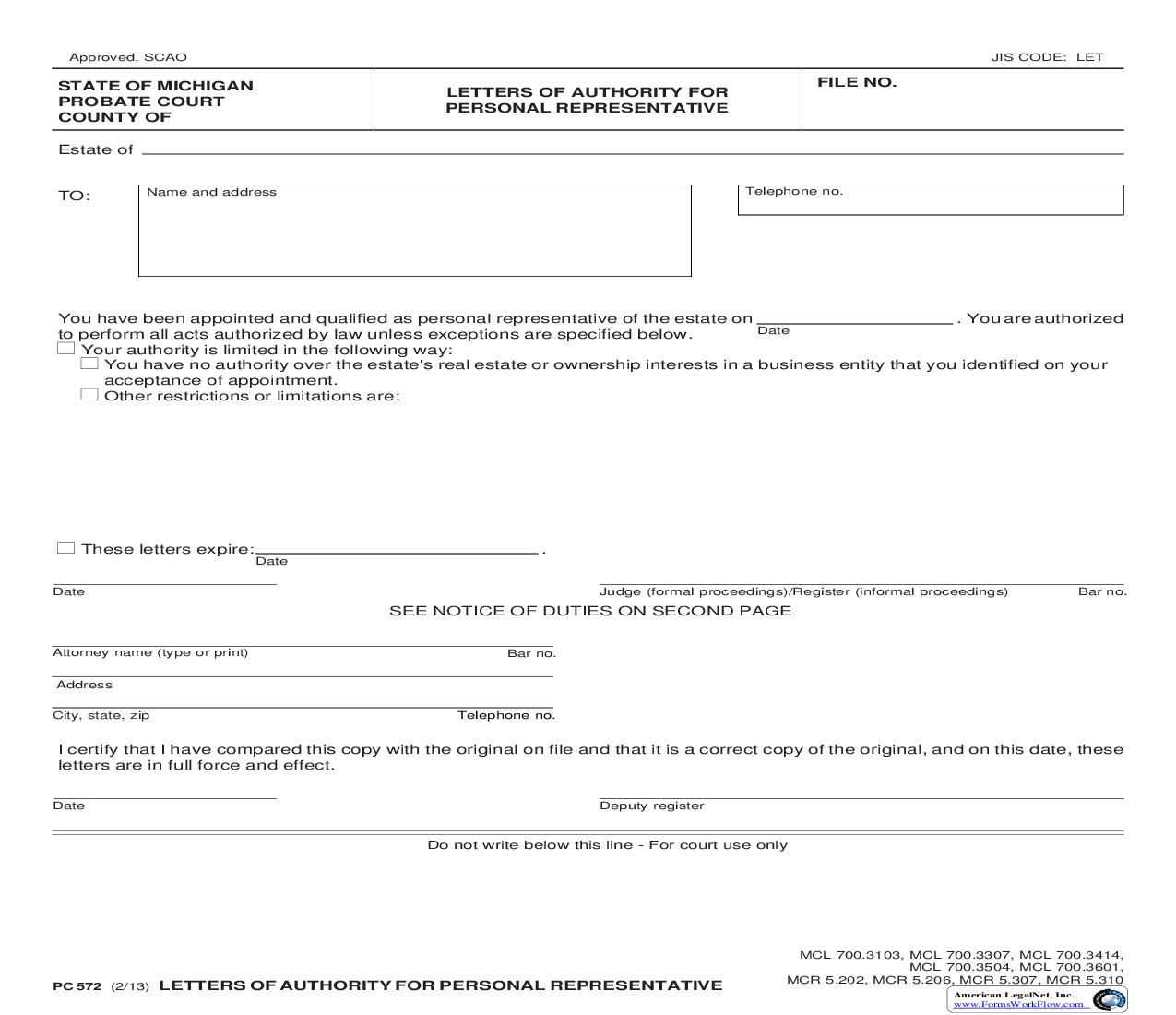 Letters Of Authority For Personal Representative {PC 572} | Pdf Fpdf Doc Docx | Michigan