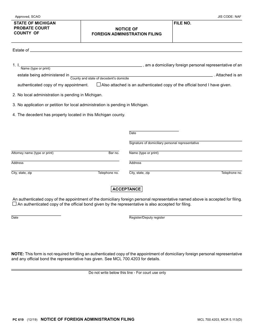 Notice Of Ancillary Administration Filing {PC 619} | Pdf Fpdf Doc Docx | Michigan