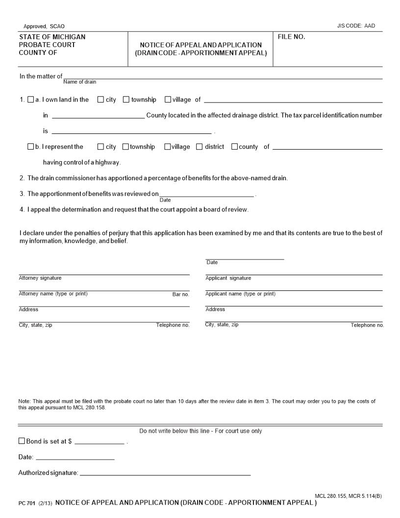 Notice Of Appeal And Application (Drain Code Apportionment Appeal) {PC 701} | Pdf Fpdf Docx | Michigan