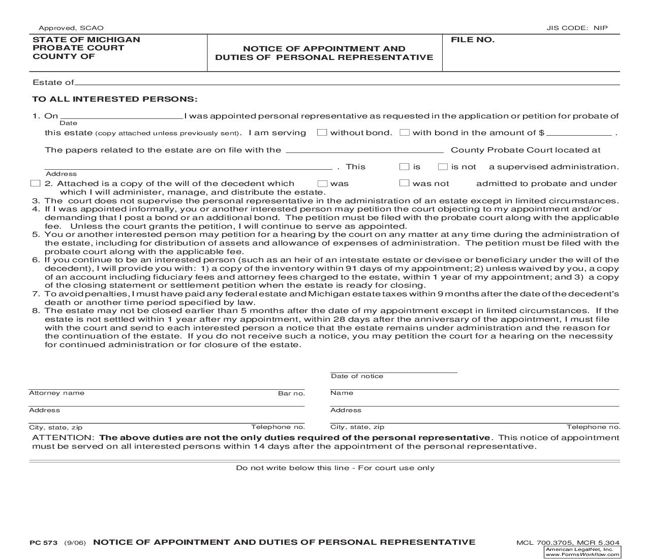 Notice Of Appointment And Duties Of Personal Representative {PC 573} | Pdf Fpdf Doc Docx | Michigan