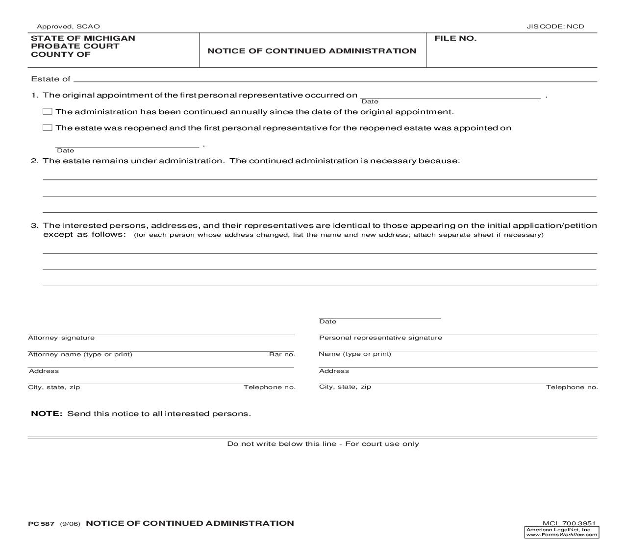 Notice Of Continued Administration {PC 587} | Pdf Fpdf Doc Docx | Michigan