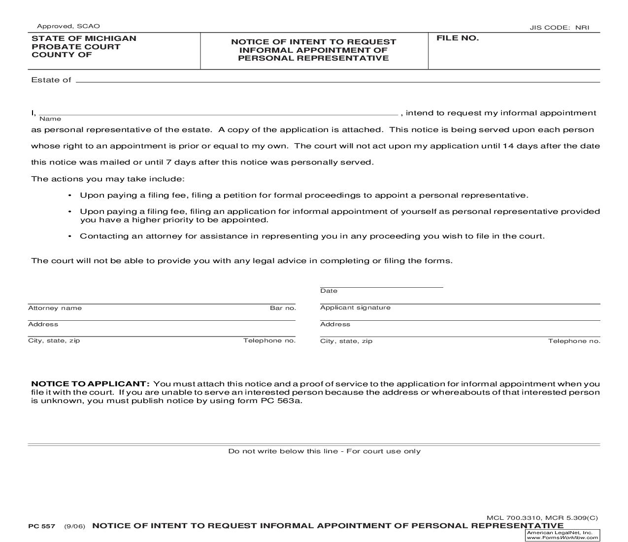 Notice Of Intent To Request Informal Appointment Of Personal Representative {PC 557} | Pdf Fpdf Doc Docx | Michigan