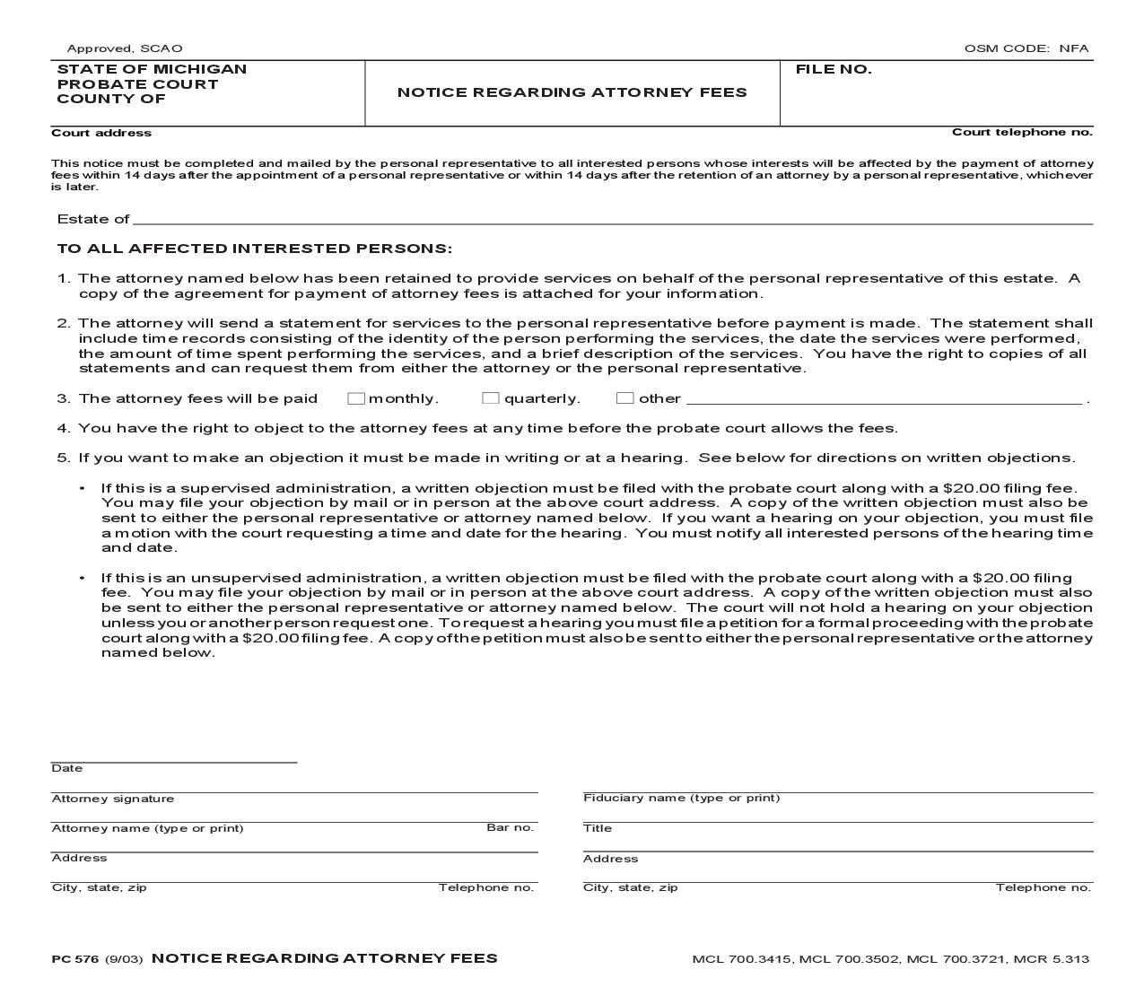 Notice Regarding Attorneys Fees {PC 576} | Pdf Fpdf Doc Docx | Michigan