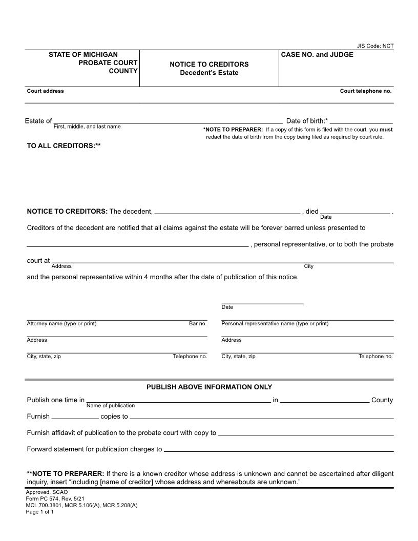 Notice To Creditors Decedents Estate {PC 574} | Pdf Fpdf Doc Docx | Michigan