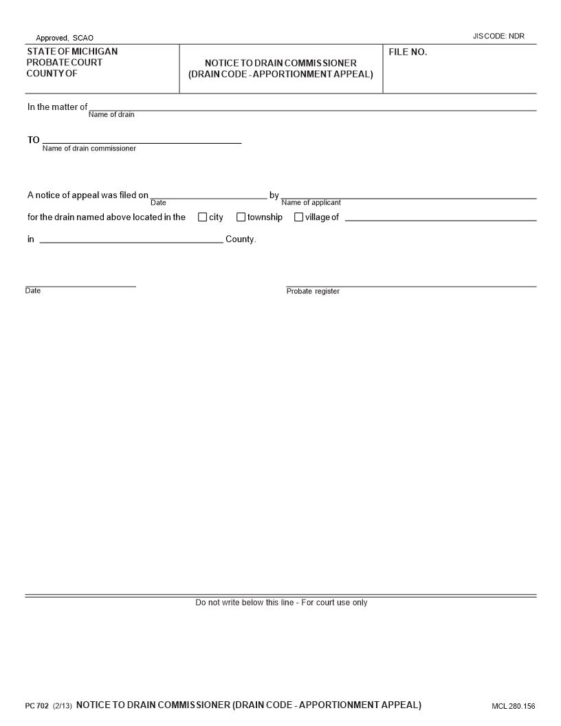 Notice To Drain Commissioner (Drain Code Apportionment Appeal) {PC 702} | Pdf Fpdf Docx | Michigan