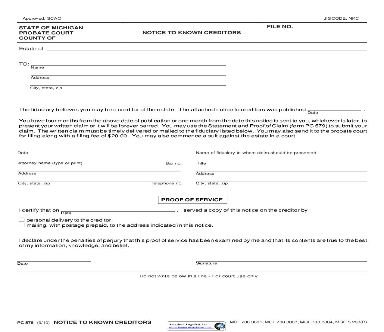Notice To Known Creditors {PC 578} | Pdf Fpdf Doc Docx | Michigan