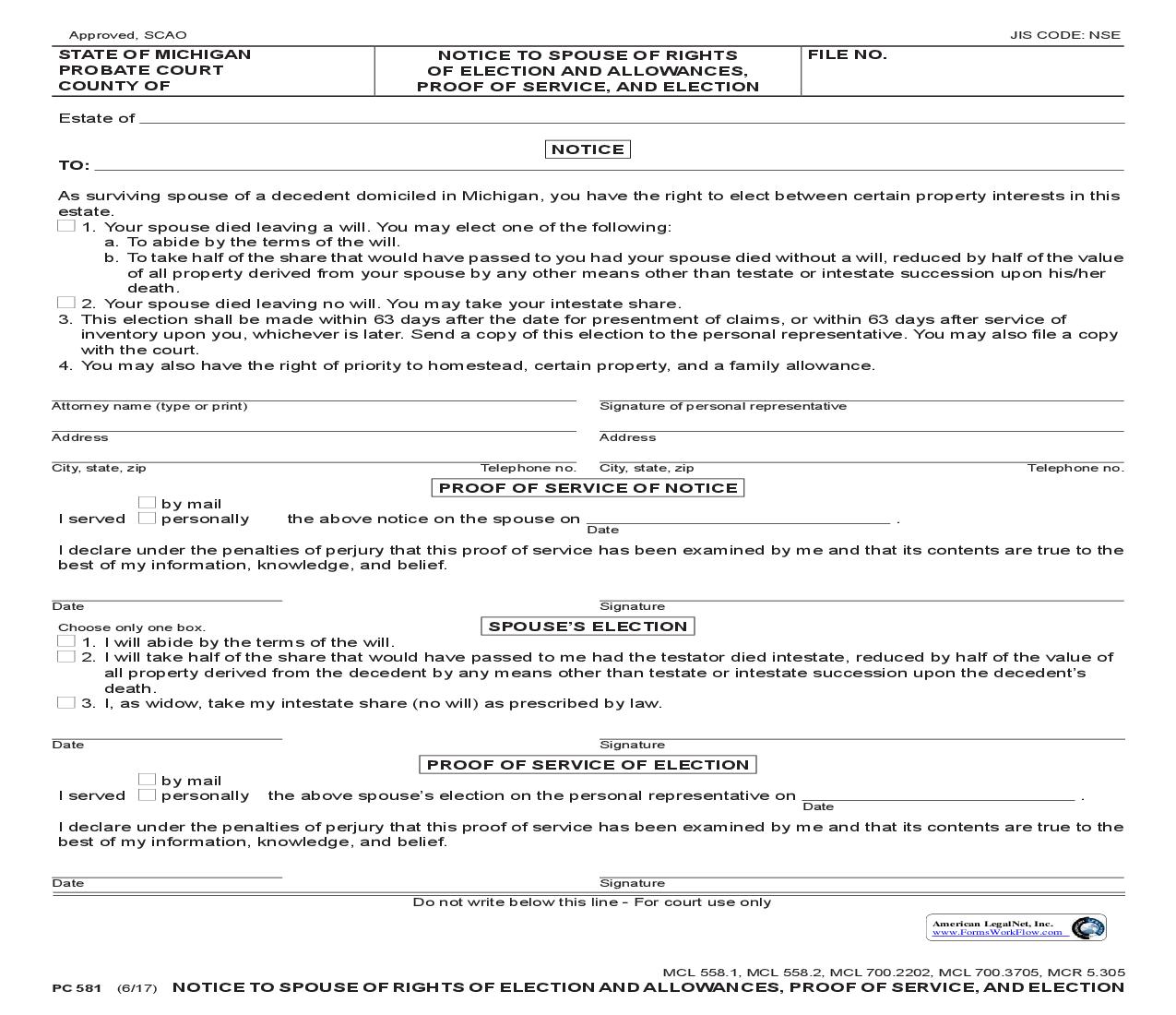 Notice To Spouse Of Rights Of Election And Allowance {PC 581} | Pdf Fpdf Doc Docx | Michigan