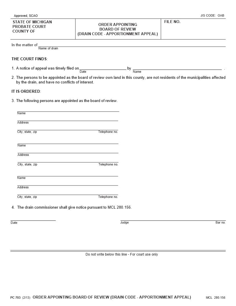 Order Appointing Board Of Review (Drain Code Apportionment Appeal) {PC 703} | Pdf Fpdf Docx | Michigan