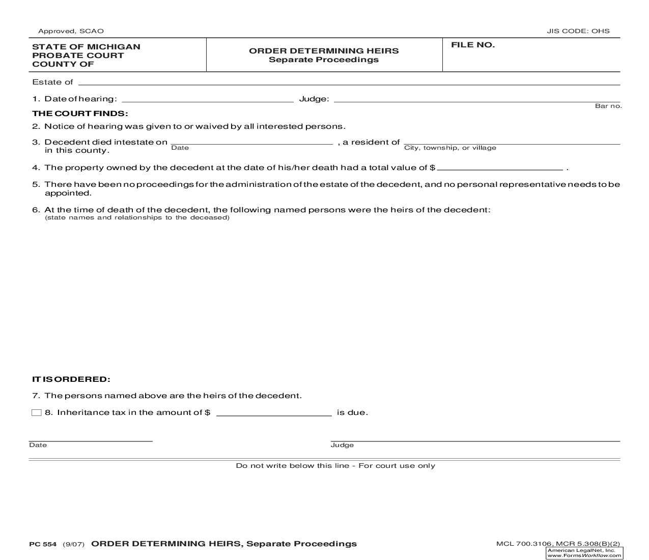 Order Determining Heirs Separate Proceedings {PC 554} | Pdf Fpdf Doc Docx | Michigan
