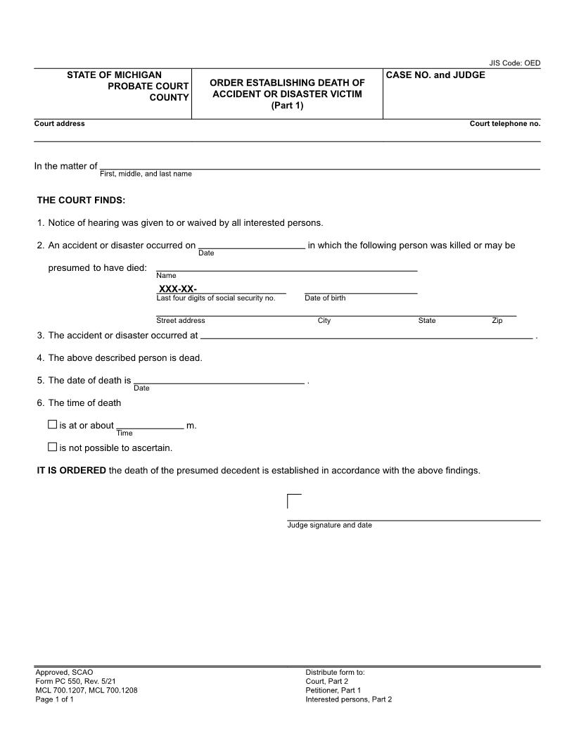 Order Establishing Death Of Accident Or Disaster Victim {PC 550} | Pdf Fpdf Doc Docx | Michigan