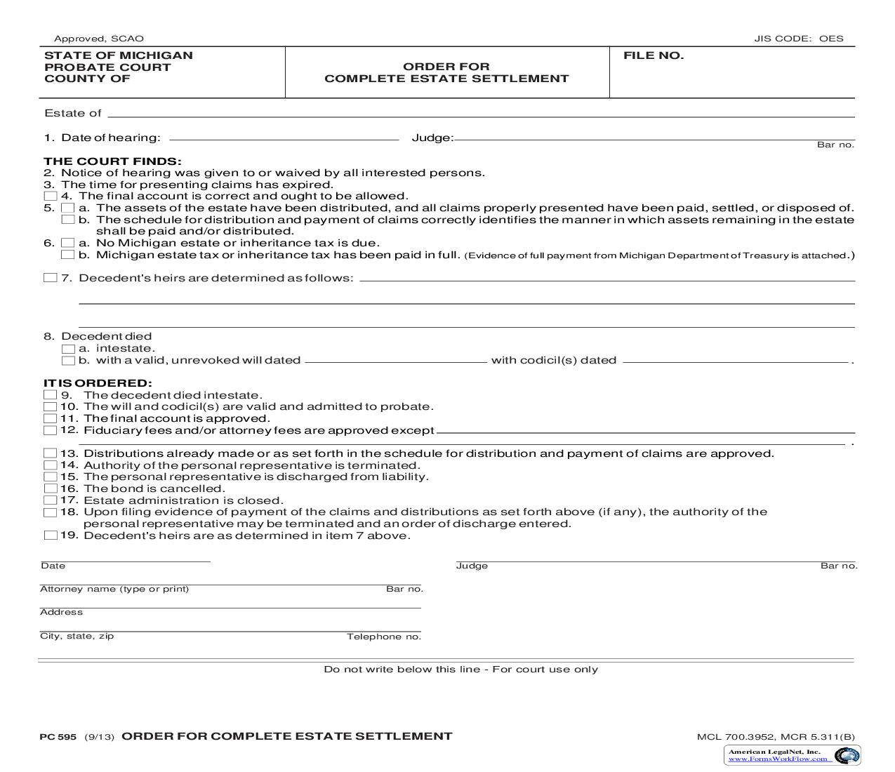 Order For Complete Estate Settlement {PC 595} | Pdf Fpdf Doc Docx | Michigan