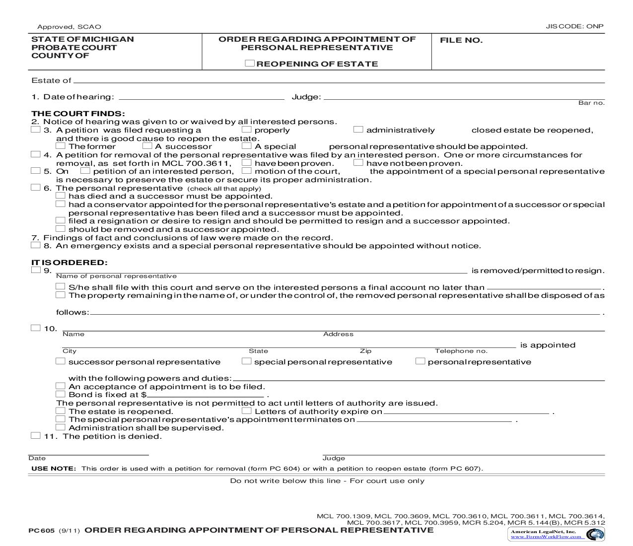 Order Regarding Appointment Of Personal Representative {PC 605} | Pdf Fpdf Doc Docx | Michigan