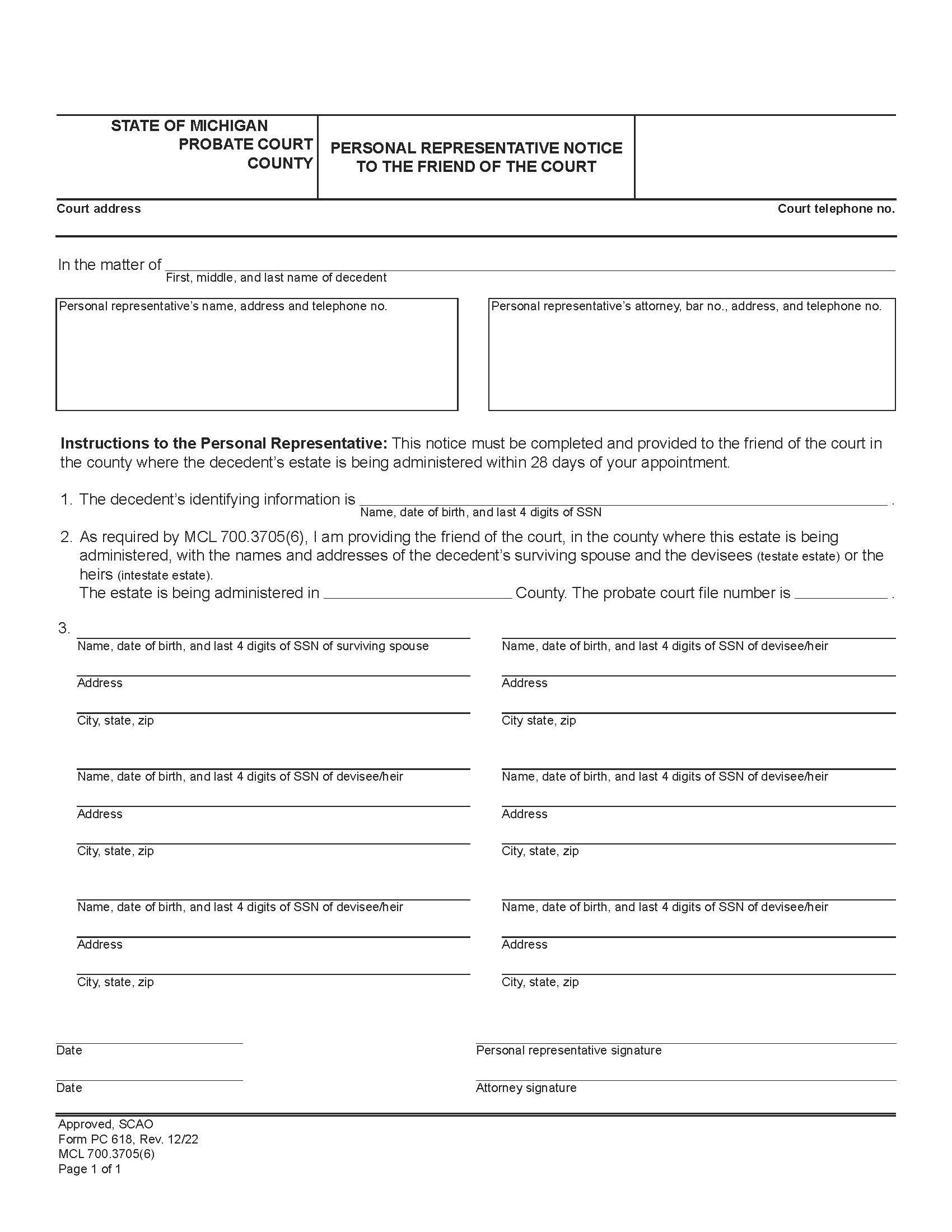 Personal Representative Notice To The Friend Of The Court {PC 618} | Pdf Fpdf Doc Docx | Michigan