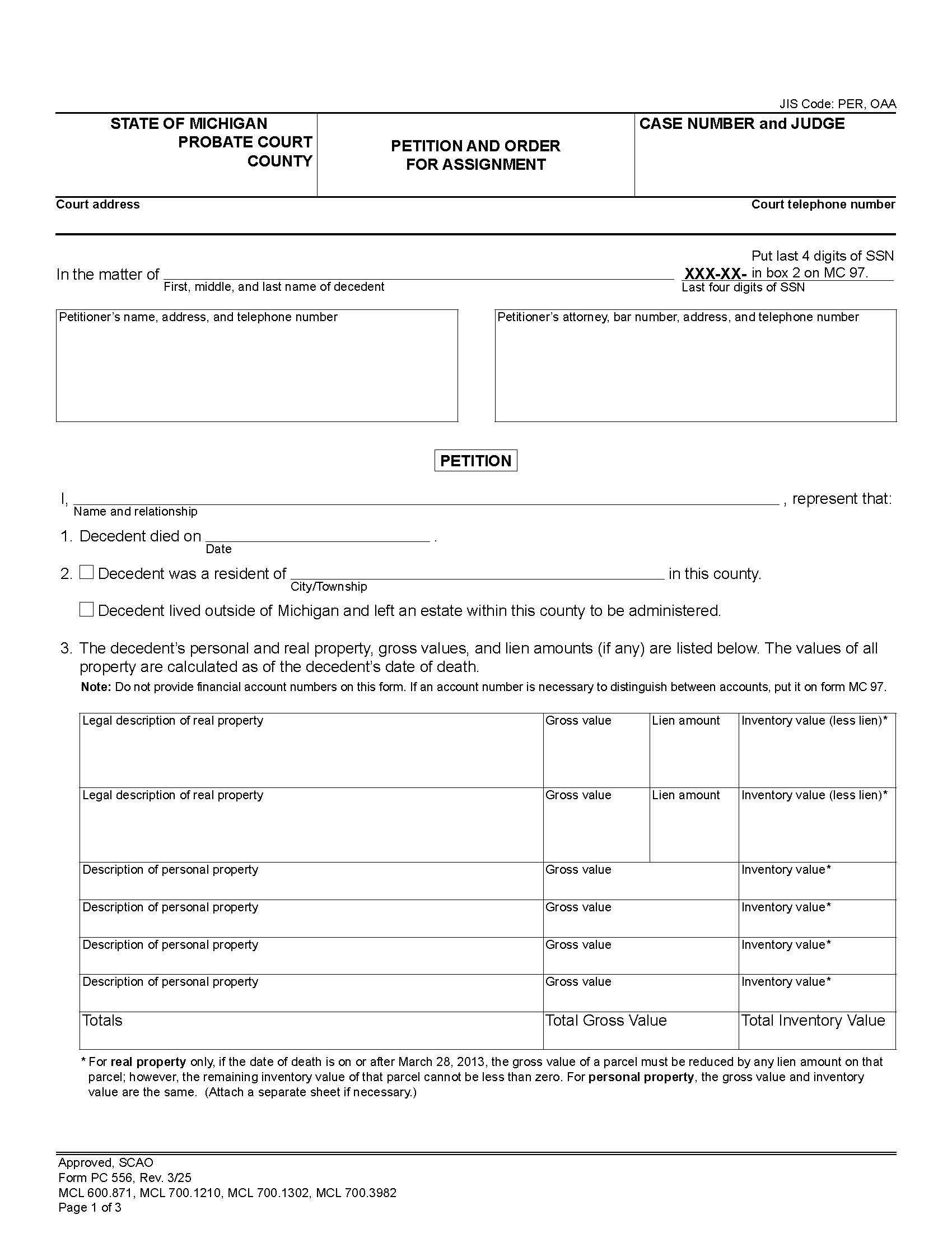 Petition And Order For Assignment {PC 556} | Pdf Fpdf Docx | Michigan