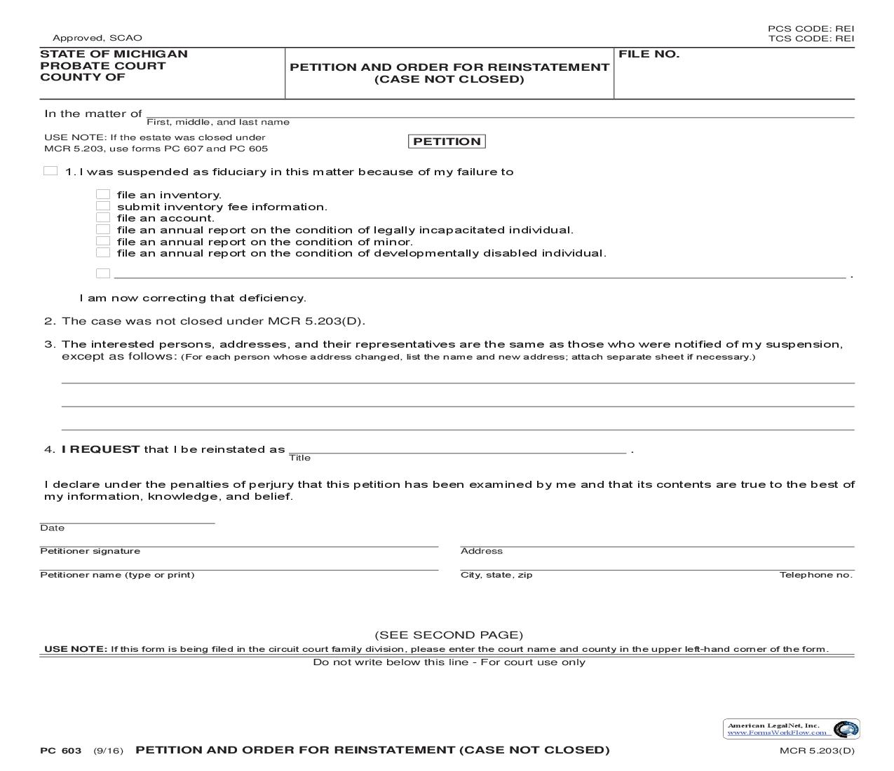 Petition And Order For Reinstatement (Estate Not Closed) {PC 603} | Pdf Fpdf Doc Docx | Michigan