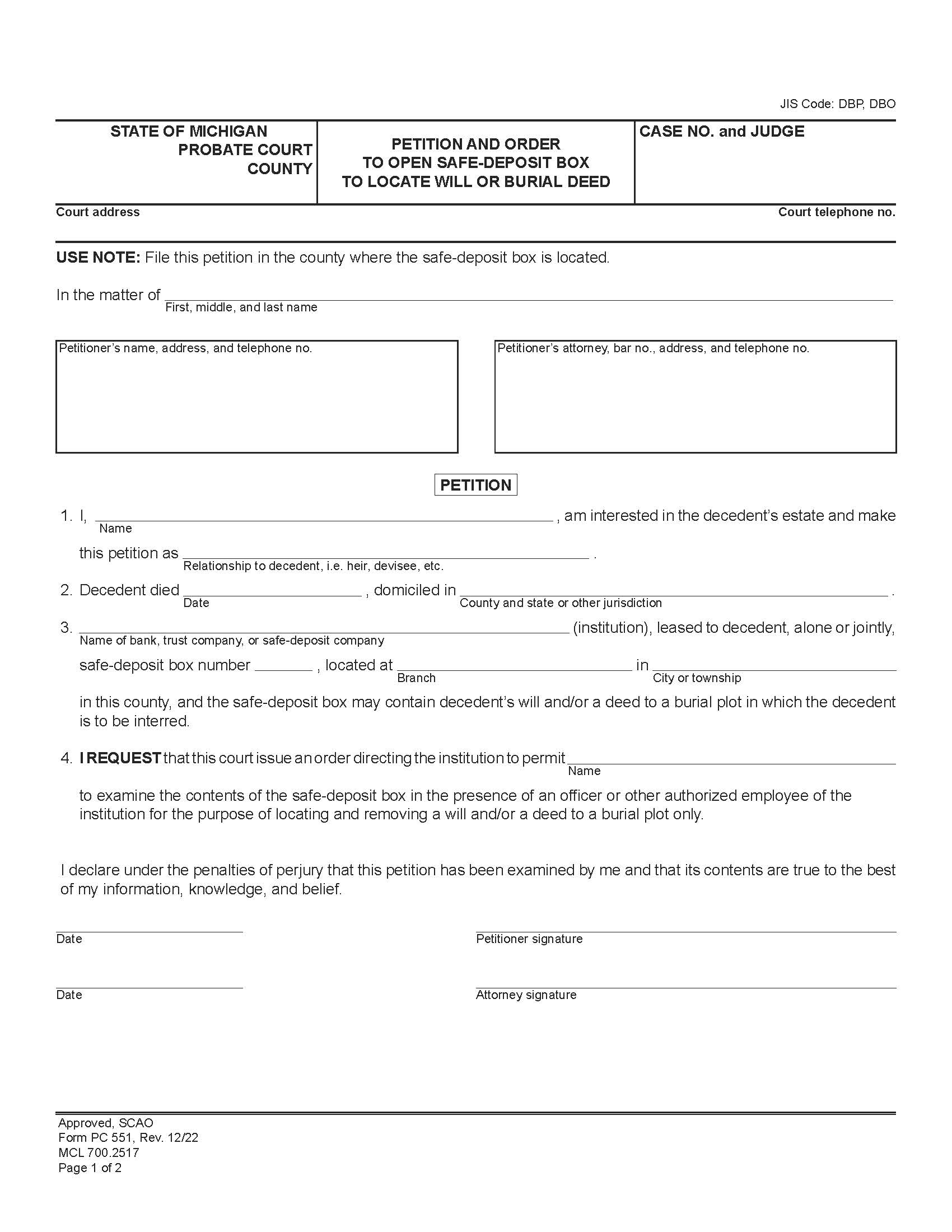 Petition And Order To Open Safe Deposit Box To Locate Will Or Burial Deed {PC 551} | Pdf Fpdf Doc Docx | Michigan