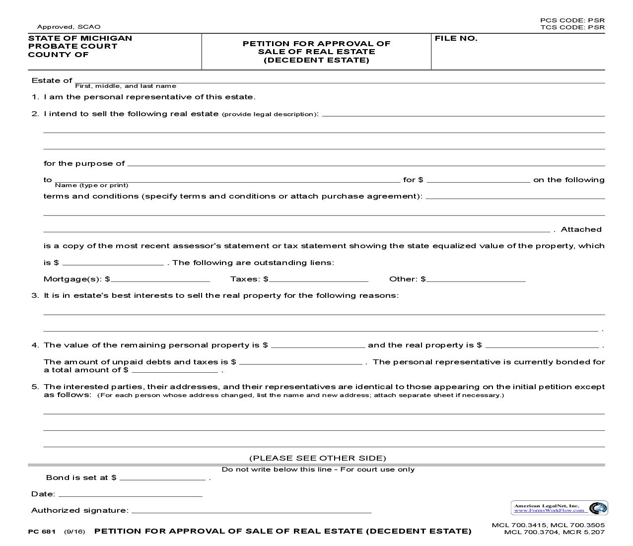 Petition For Approval Of Sale Of Real Estate {PC 681} | Pdf Fpdf Doc Docx | Michigan