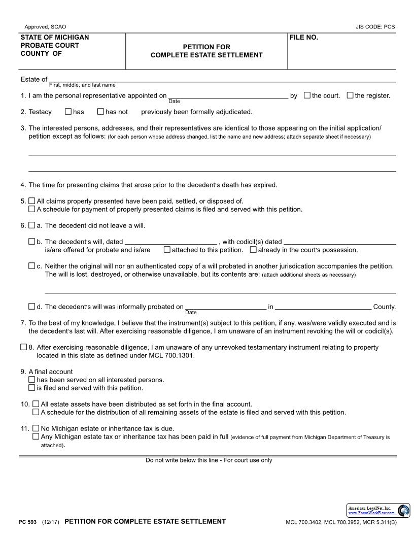 Petition For Complete Estate Settlement Testacy Previously Adjudicated {PC 593} | Pdf Fpdf Docx | Michigan