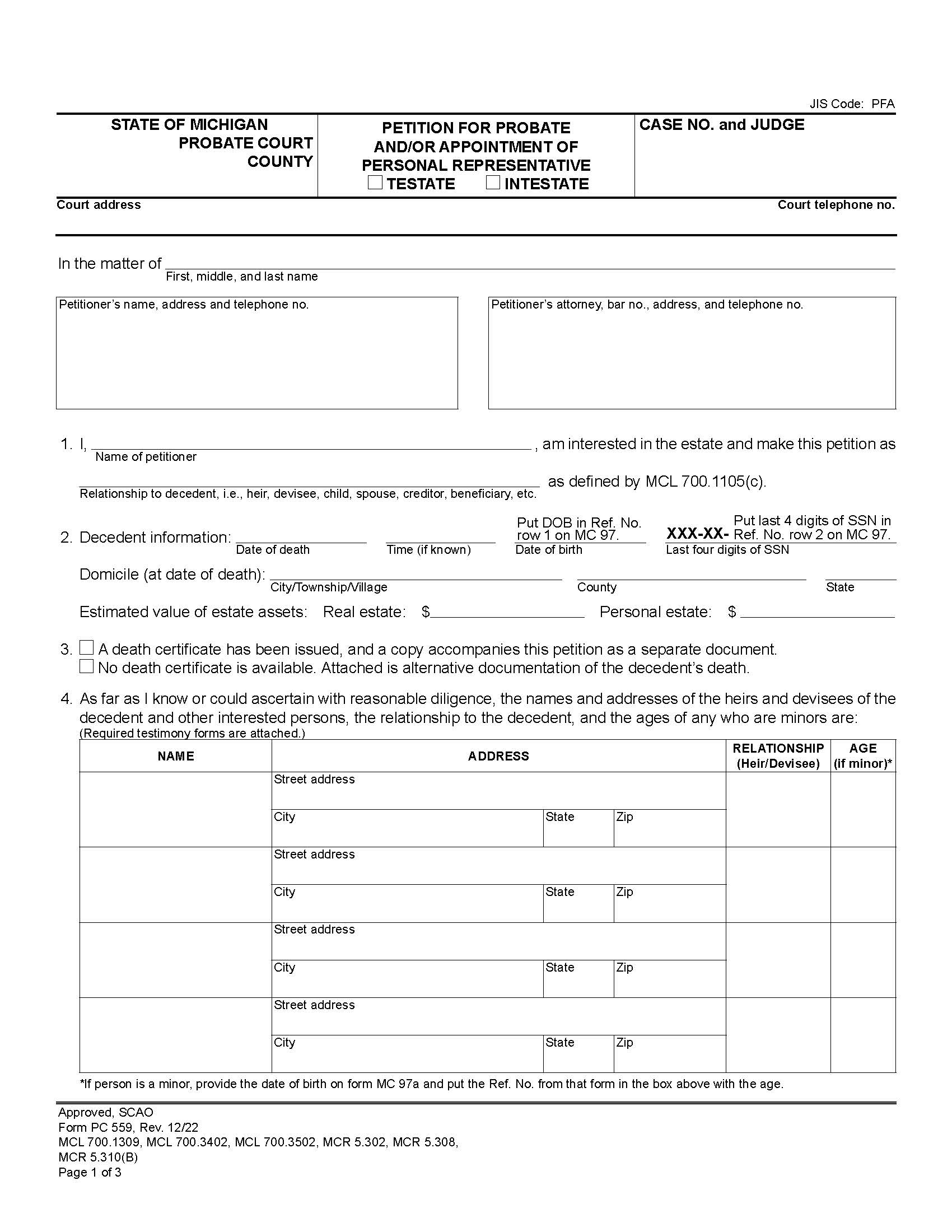 Petition For Probate And Or Appointment Of Personal Representative (Testate Or Intestate) {PC 559} | Pdf Fpdf Doc Docx | Michigan