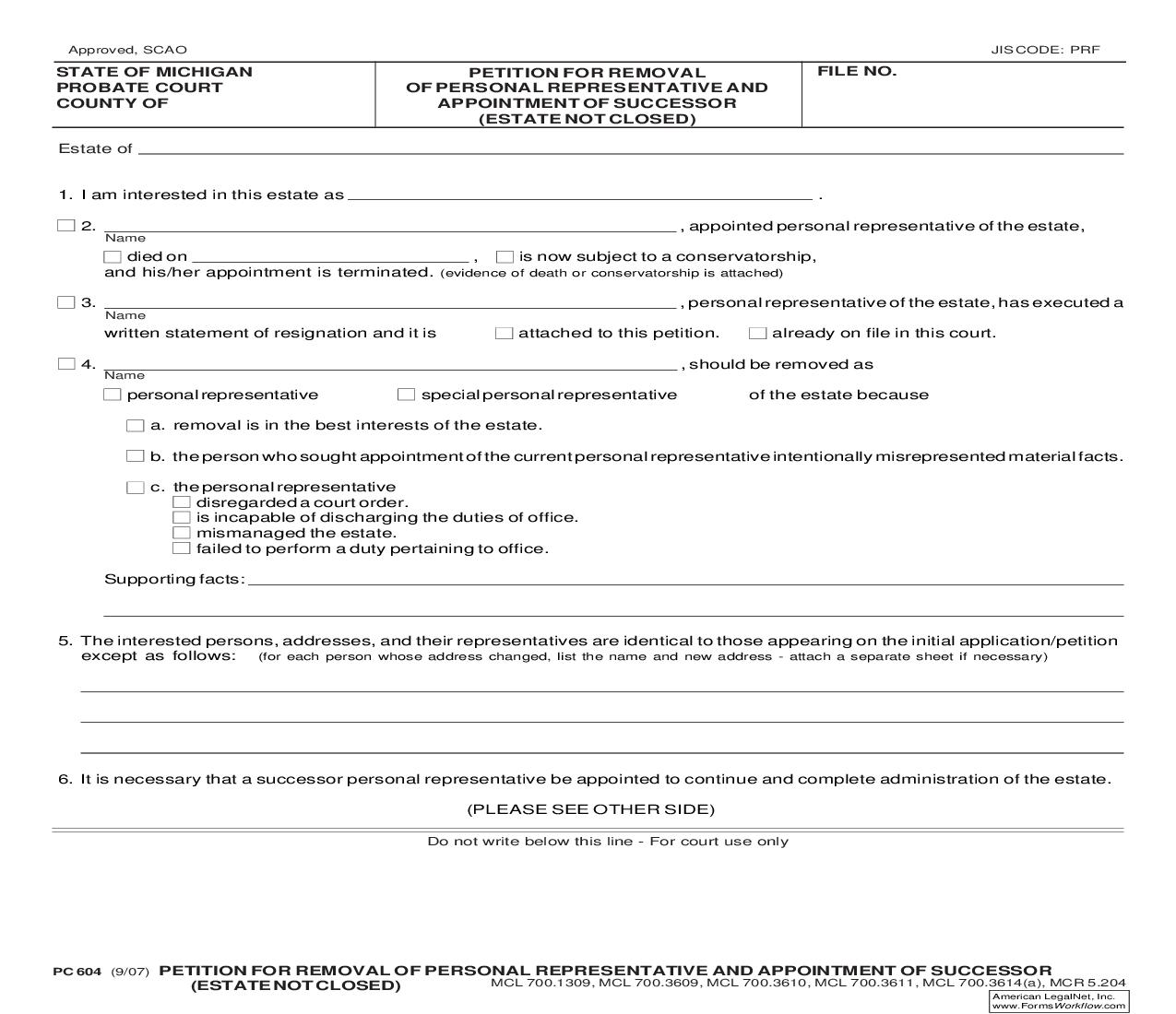 Petition For Removal Of Personal Representative And Appointment Of Successor (Estate Not Closed) {PC 604} | Pdf Fpdf Doc Docx | Michigan