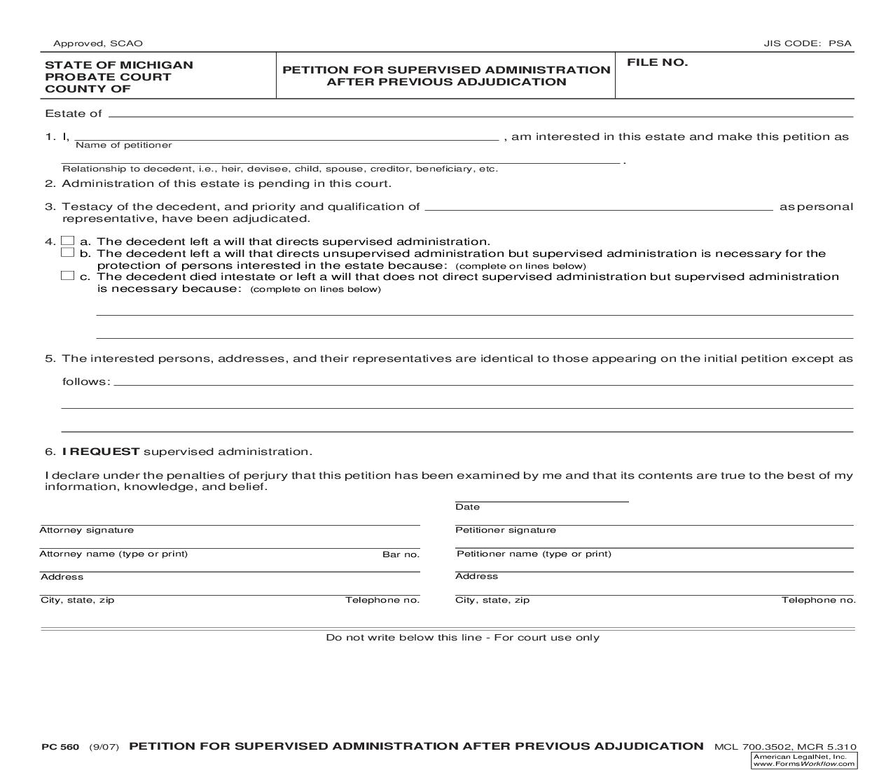 Petition For Supervised Administration After Previous Adjudication {PC 560} | Pdf Fpdf Doc Docx | Michigan