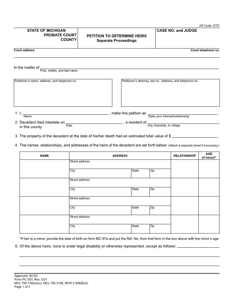 Petition To Determine Heirs Separate Proceedings {PC 553} | Pdf Fpdf Doc Docx | Michigan