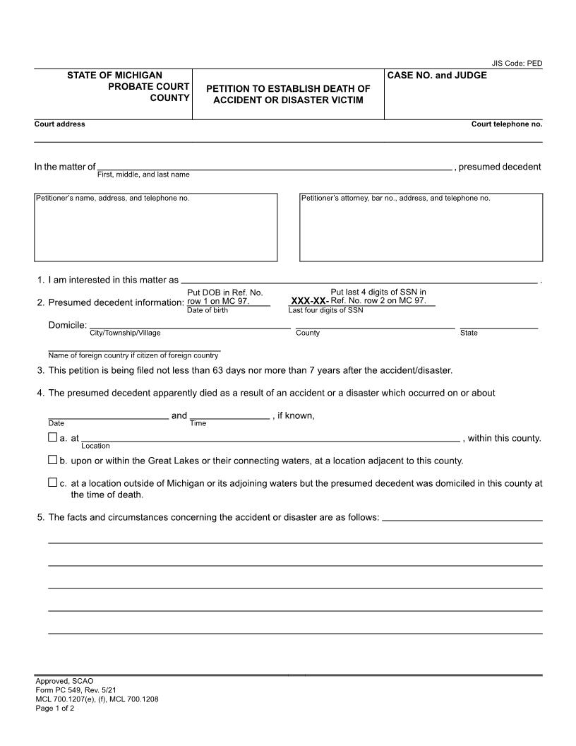 Petition To Establish Death Of Accident Or Disaster Victim {PC 549} | Pdf Fpdf Doc Docx | Michigan