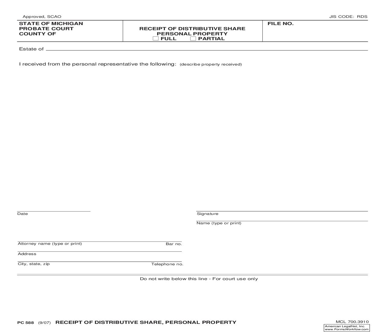 Receipt Of Distributive Share, Personal Property {PC 588} | Pdf Fpdf Doc Docx | Michigan