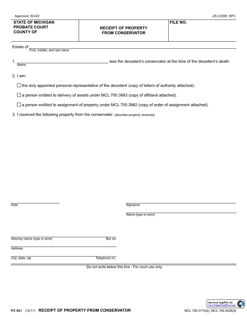 Receipt Of Property From Conservator {PC 621} | Pdf Fpdf Docx | Michigan