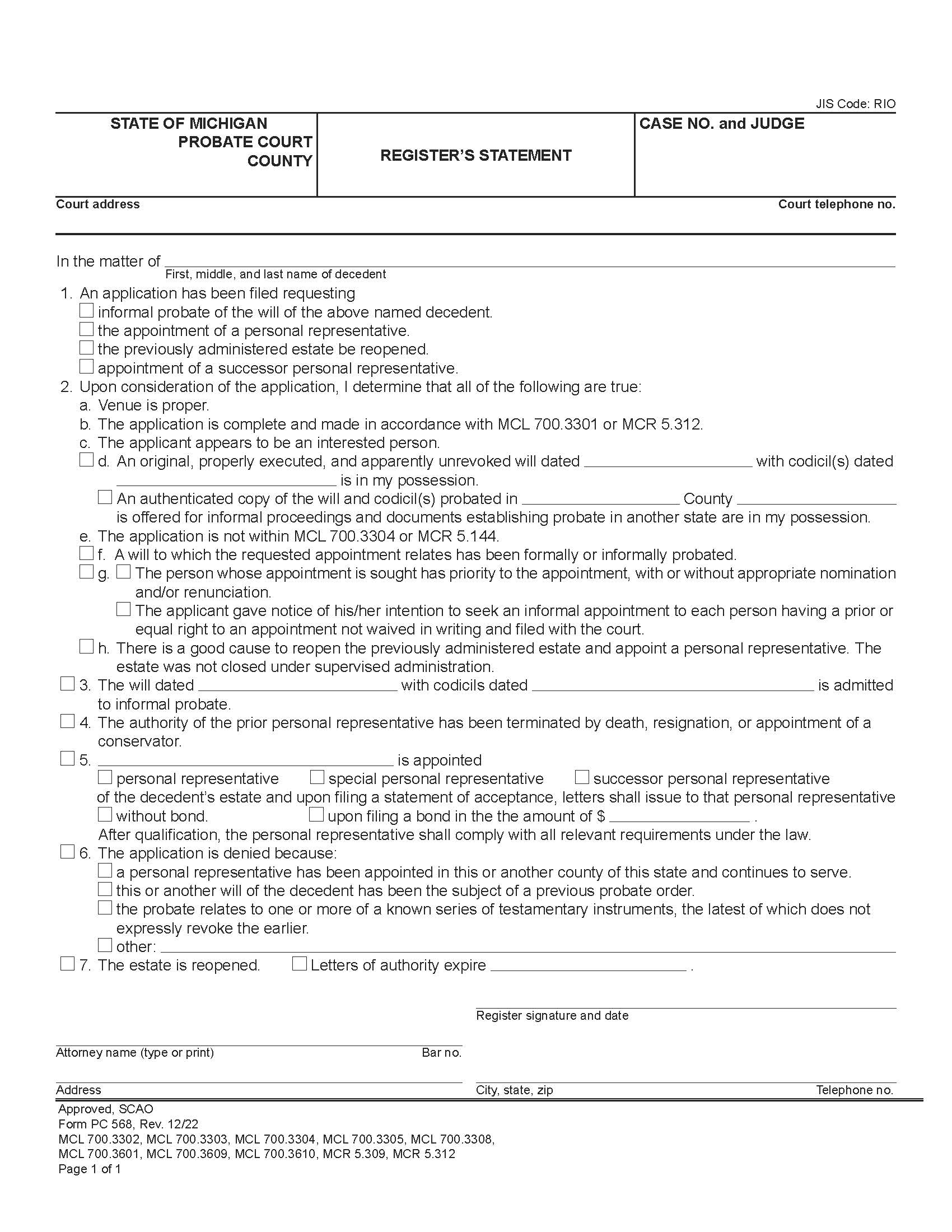 Registers Statement {PC 568} | Pdf Fpdf Doc Docx | Michigan