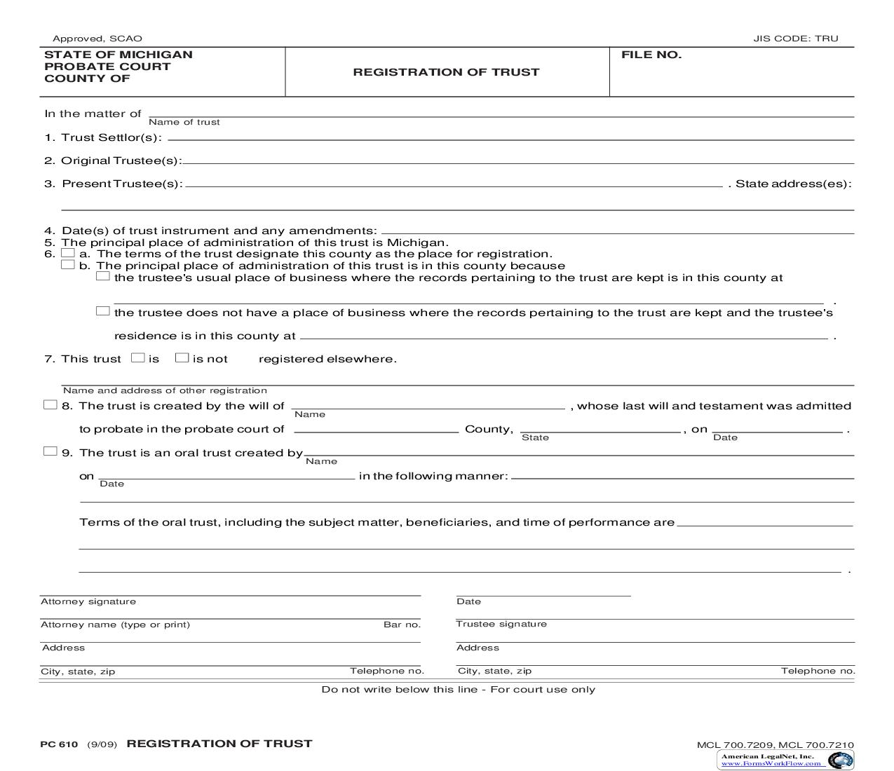 Registration Of Trust {PC 610} | Pdf Fpdf Doc Docx | Michigan