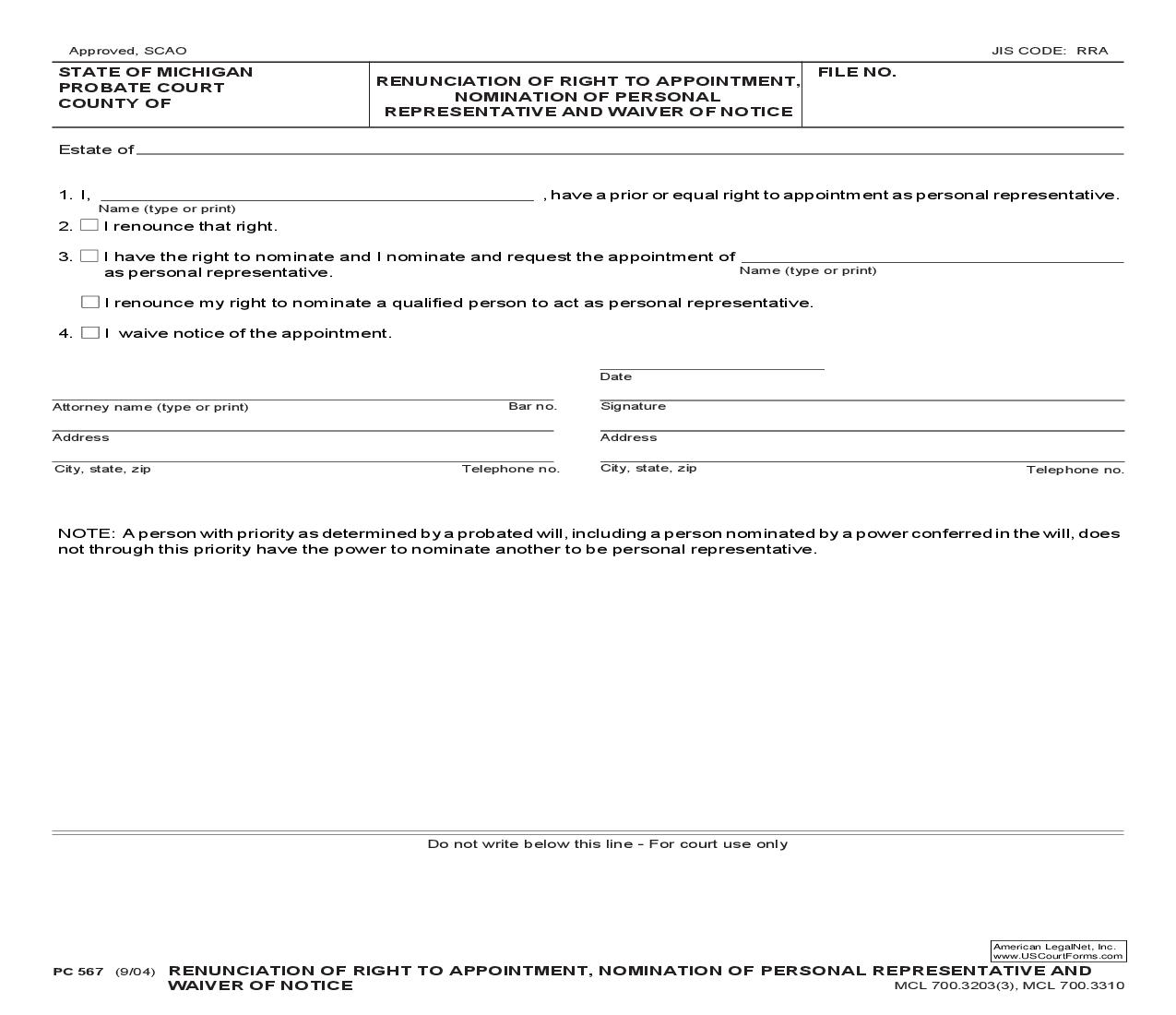 Renunication Of Right To Appointment Nomination Of Personal Representative And Waiver Of Notice {PC 567} | Pdf Fpdf Doc Docx | Michigan
