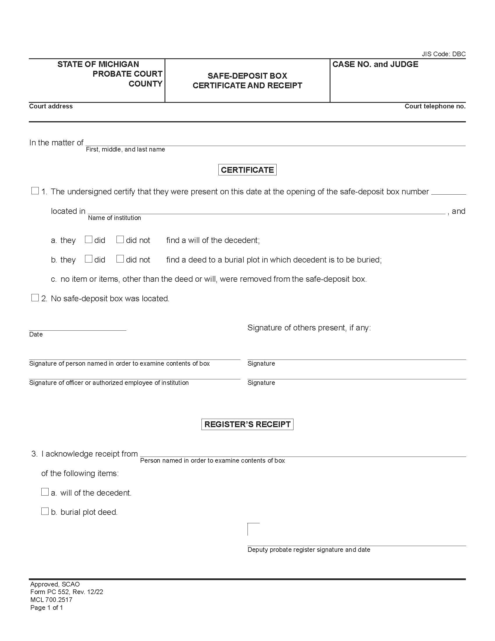 Safe Deposit Box Certificate And Receipt {PC 552} | Pdf Fpdf Doc Docx | Michigan