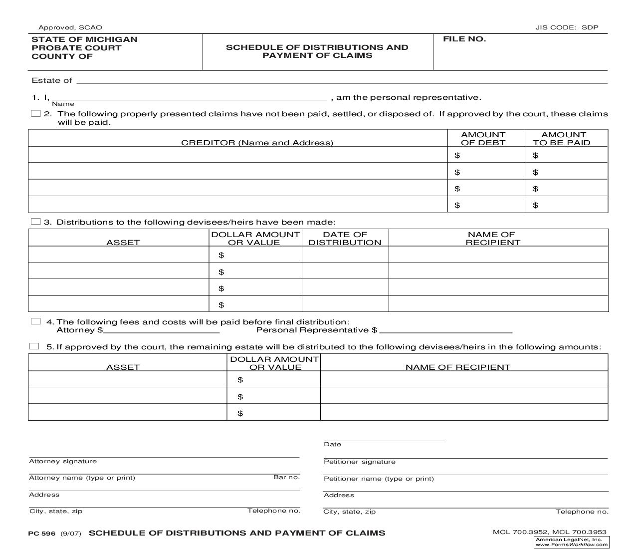 Schedule Of Distributions And Payment Of Claims {PC 596} | Pdf Fpdf Doc Docx | Michigan